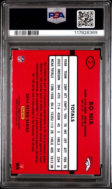 Graded 2024 Panini Donruss Optic Bo Nix #6 2014 Retro Series Rookie RC Football Card PSA 10 Gem Mint