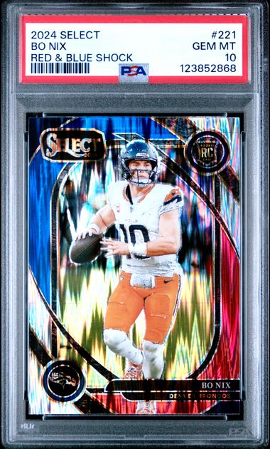 Graded 2024 Panini Select Bo Nix #221 Red & Blue Shock Rookie RC Football Card PSA 10 Gem Mint