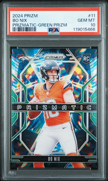 Graded 2024 Panini Prizm Bo Nix #11 Prizmatic Green Prizm Rookie RC Football Card PSA 10 Gem Mint