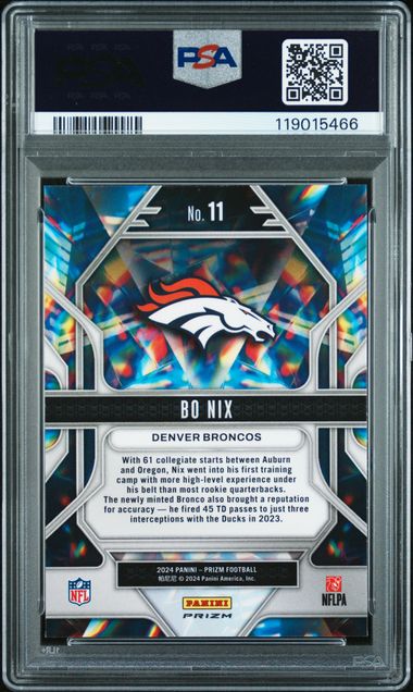 Graded 2024 Panini Prizm Bo Nix #11 Prizmatic Green Prizm Rookie RC Football Card PSA 10 Gem Mint