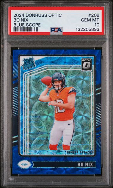 Graded 2024 Panini Donruss Optic Bo Nix #209 Blue Scope Rookie RC Football Card PSA 10 Gem Mint