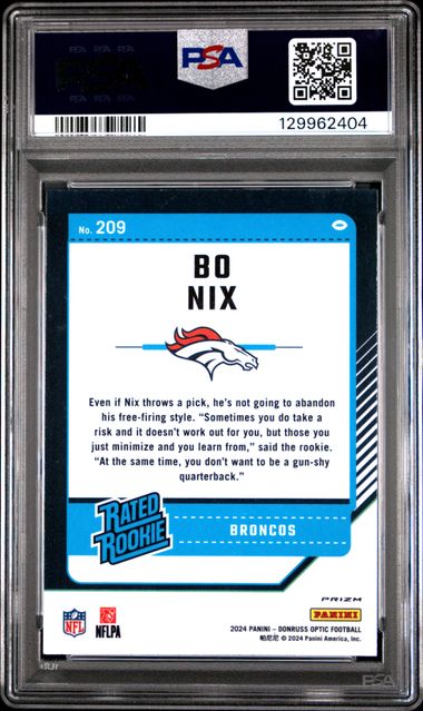 Graded 2024 Panini Donruss Optic Bo Nix #209 Stars Rookie RC Football Card PSA 10 Gem Mint