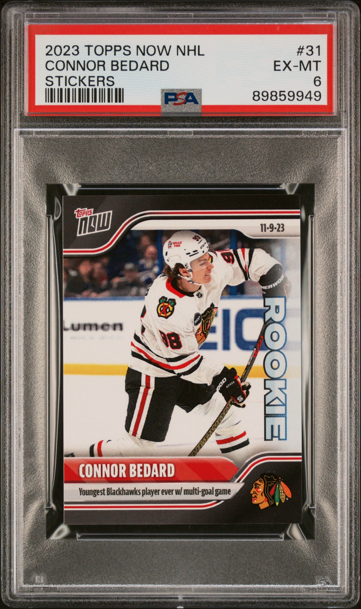 Graded 2023 Topps Now NHL Connor Bedard #31 Stickers Rookie RC Hockey Card PSA 6 EX Mint