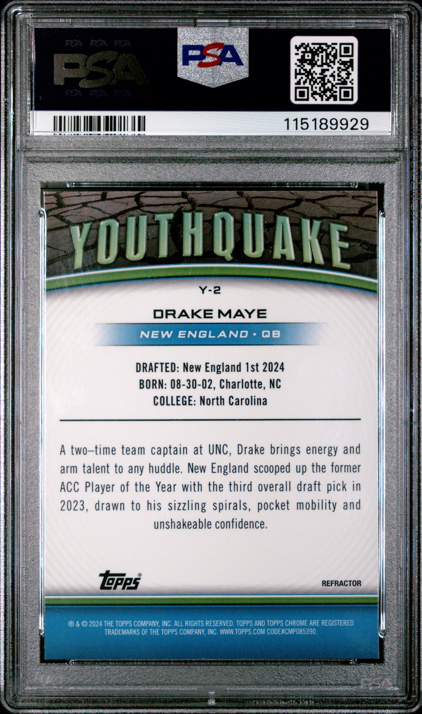 Graded 2024 Topps Chrome Drake Maye #Y2 Youthquake Refractor Rookie RC Football Card PSA 10 Gem Mint