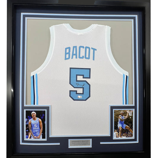 Framed Autographed/Signed Armando Bacot 35x39 UNC North Carolina White College Basketball Jersey Beckett BAS COA