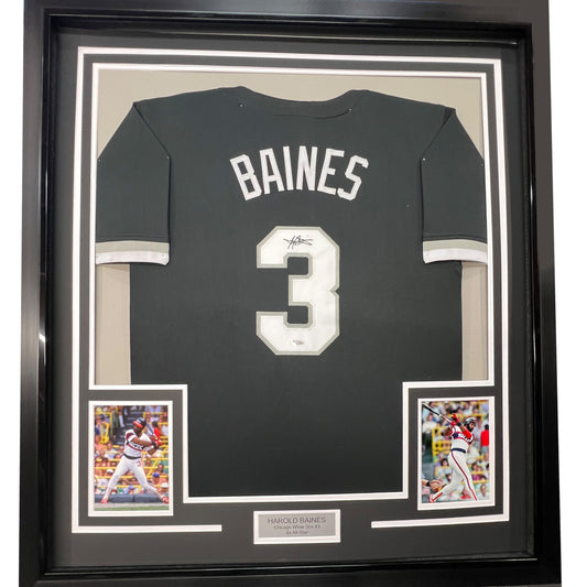 Framed Autographed/Signed Harold Baines 35x39 Chicago Black Baseball Jersey Beckett BAS COA