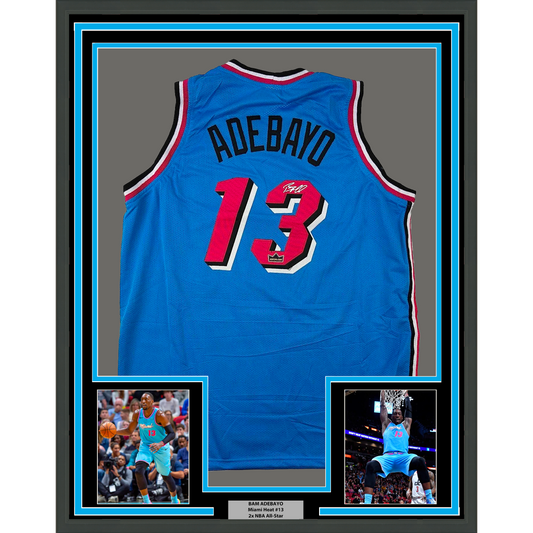 Framed Facsimile Autographed Bam Adebayo 35x39 Miami Blue Vice City Reprint Laser Auto Basketball Jersey