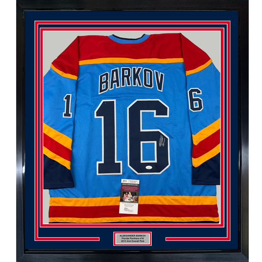 Framed Autographed/Signed Aleksander Barkov 35x39 Florida Blue Reverse Retro Hockey Jersey Beckett BAS COA