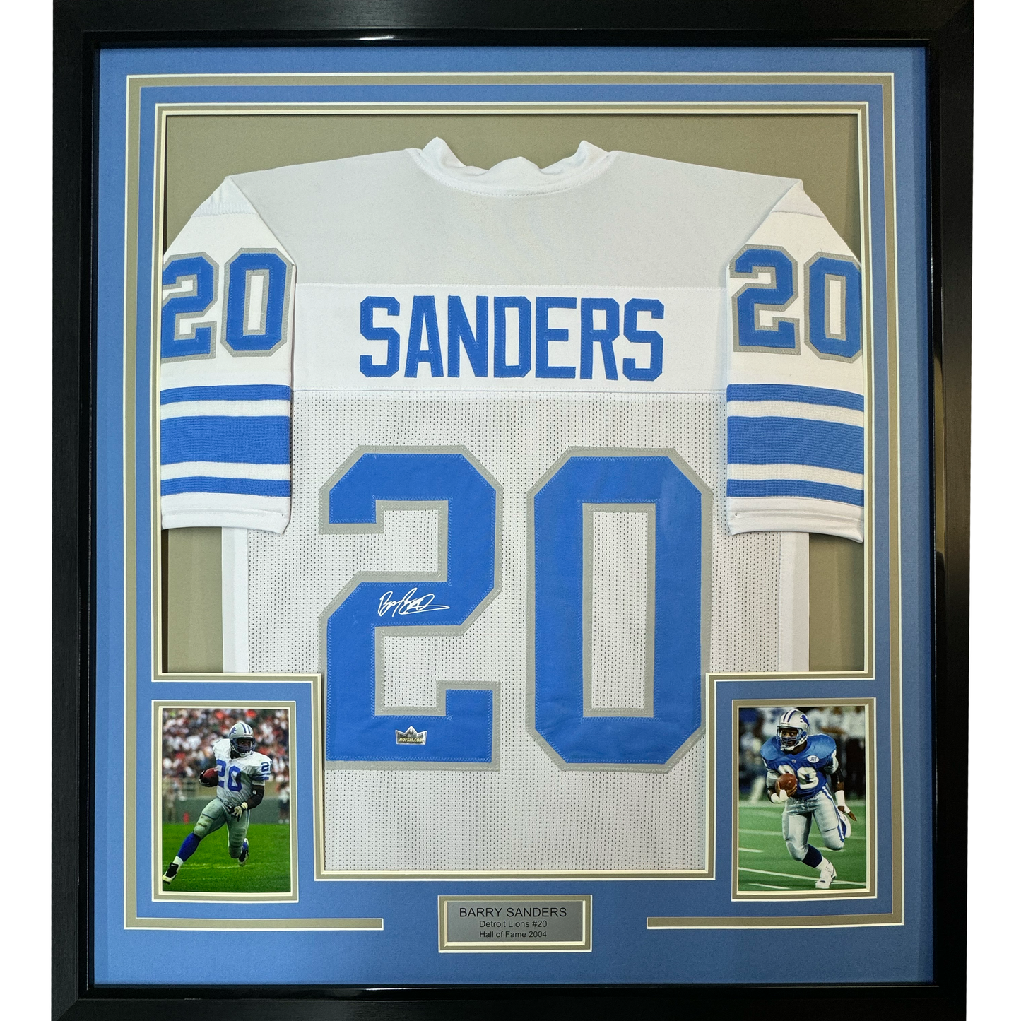 Framed Facsimile Autographed Barry Sanders 35x39 Detroit White Reprint Laser Auto Football Jersey