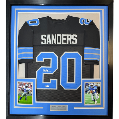 Framed Facsimile Autographed Barry Sanders 35x39 Detroit Black Reprint Laser Auto Football Jersey