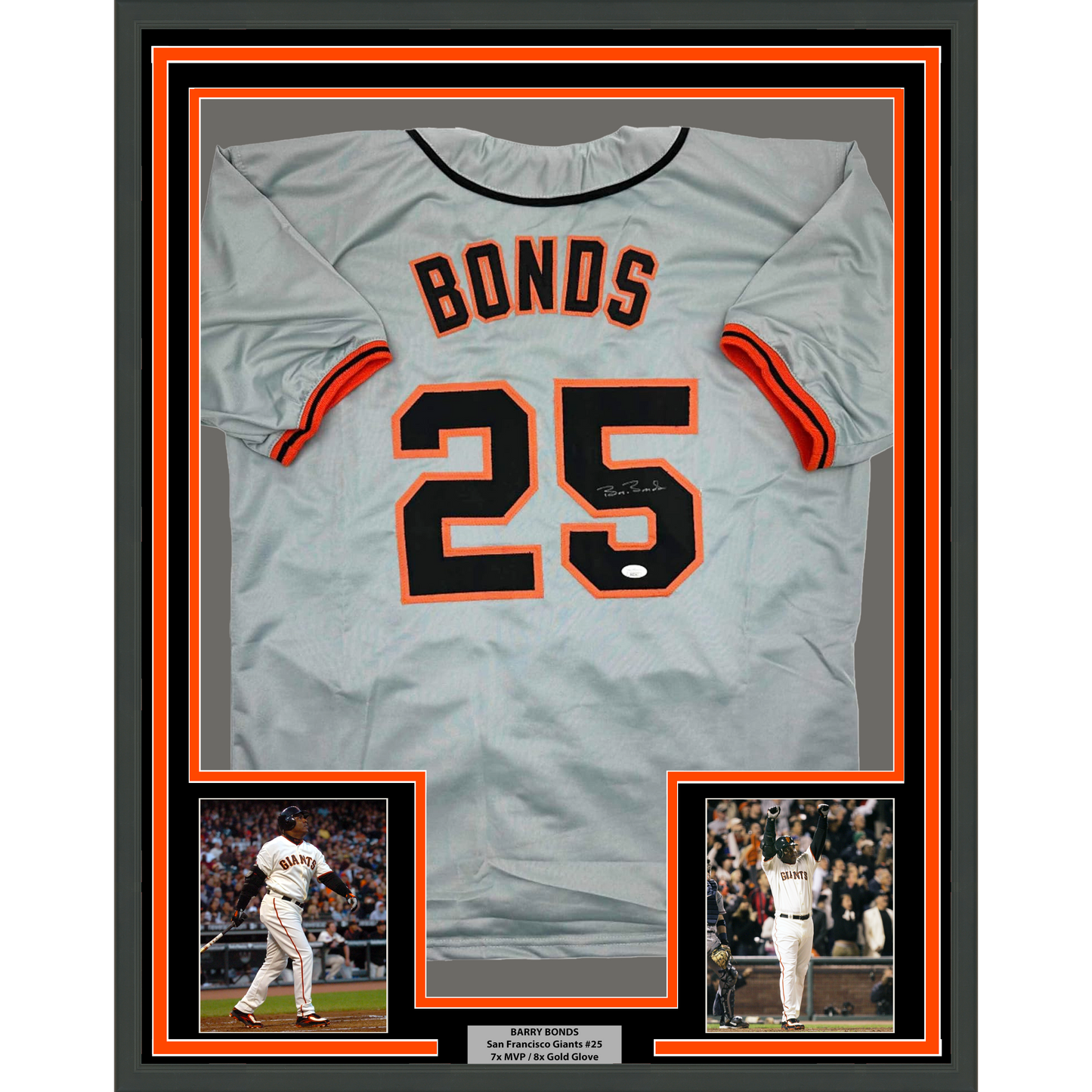 Framed Autographed/Signed Barry Bonds 35x39 San Francisco Grey Baseball Jersey JSA COA