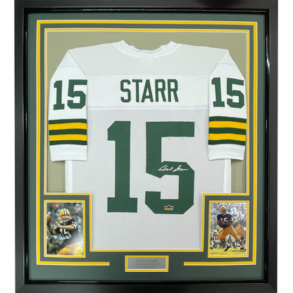 Framed Facsimile Autographed Bart Starr 35x39 Green Bay White Reprint Laser Auto Football Jersey