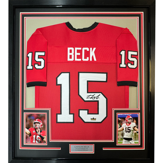 Framed Facsimile Autographed Carson Beck 35x39 Georgia Red Reprint Laser Auto College Football Jersey