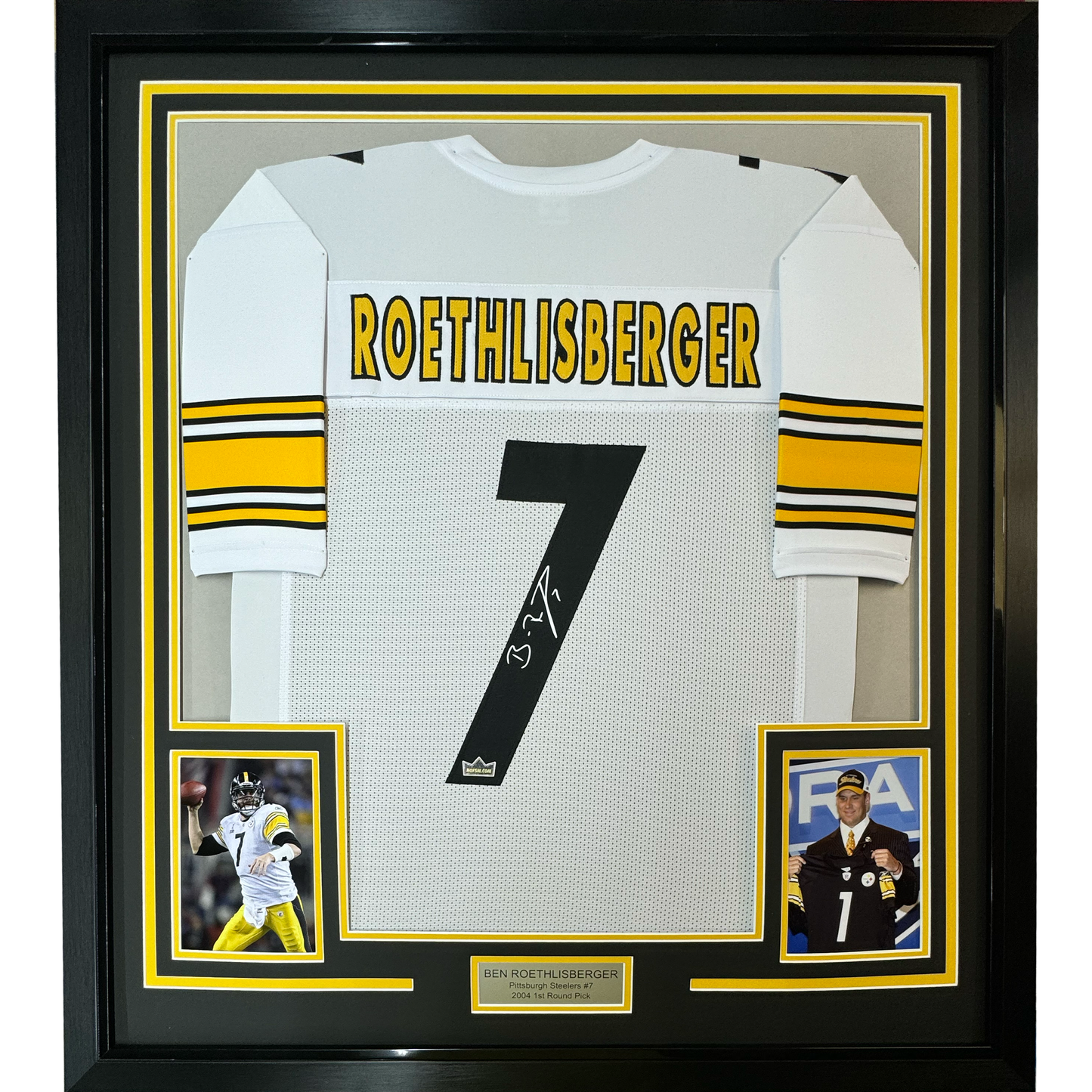Framed Facsimile Autographed Ben Roethlisberger 35x39 Pittsburgh White Reprint Laser Auto Football Jersey Size Men's XL