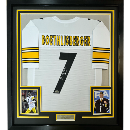Framed Facsimile Autographed Ben Roethlisberger 35x39 Pittsburgh White Reprint Laser Auto Football Jersey Size Men's XL