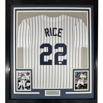 Framed Autographed/Signed Ben Rice 35x39 New York Pinstripe Baseball Jersey JSA COA