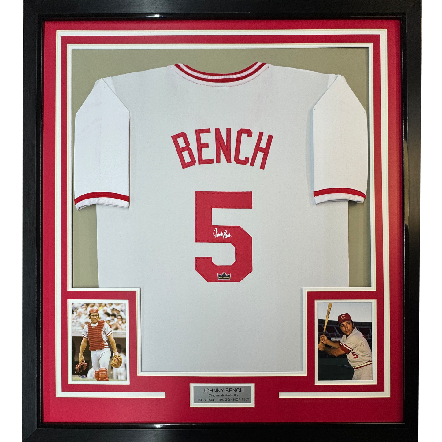 Framed Facsimile Autographed Johnny Bench 35x39 Cincinnati White Reprint Laser Auto Baseball Jersey