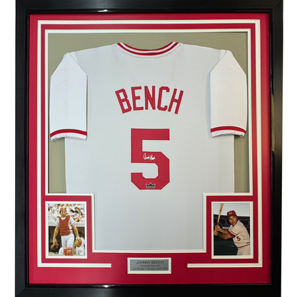 Framed Facsimile Autographed Johnny Bench 35x39 Cincinnati White Reprint Laser Auto Baseball Jersey