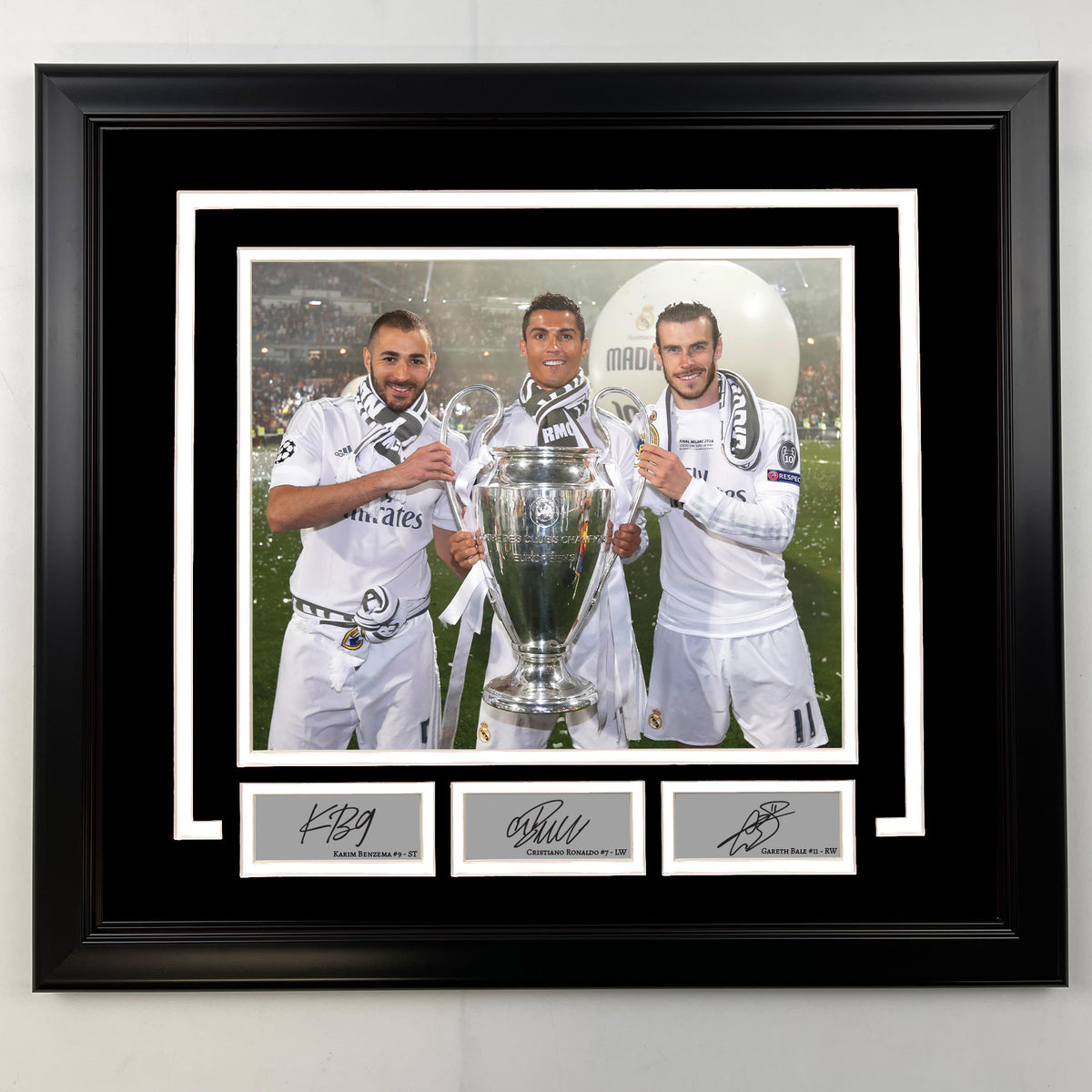 Framed Karim Benzema, Cristiano Ronaldo and Gareth Bale Facsimile Laser Engraved Signatures Real Madrid 19x21 Soccer Photo
