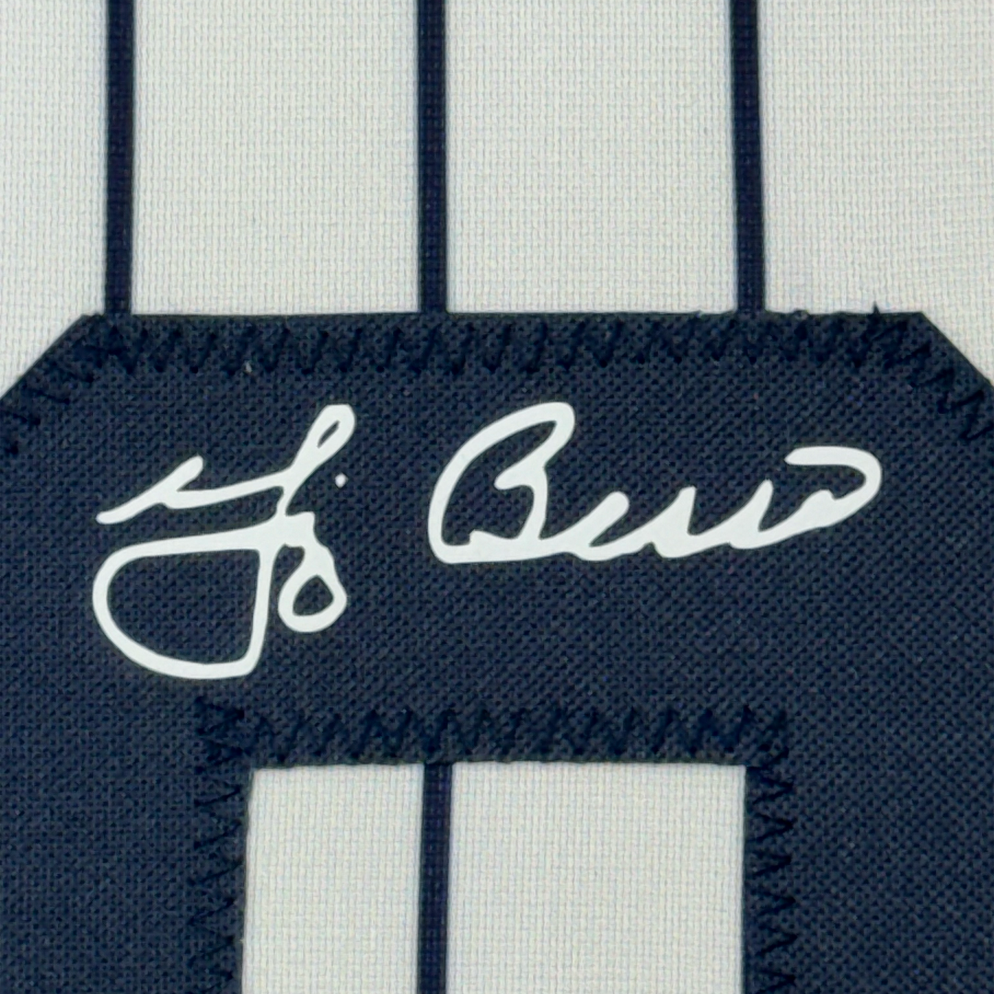 Framed Facsimile Autographed Yogi Berra 35x39 New York Pinstripe Reprint Laser Auto Baseball Jersey