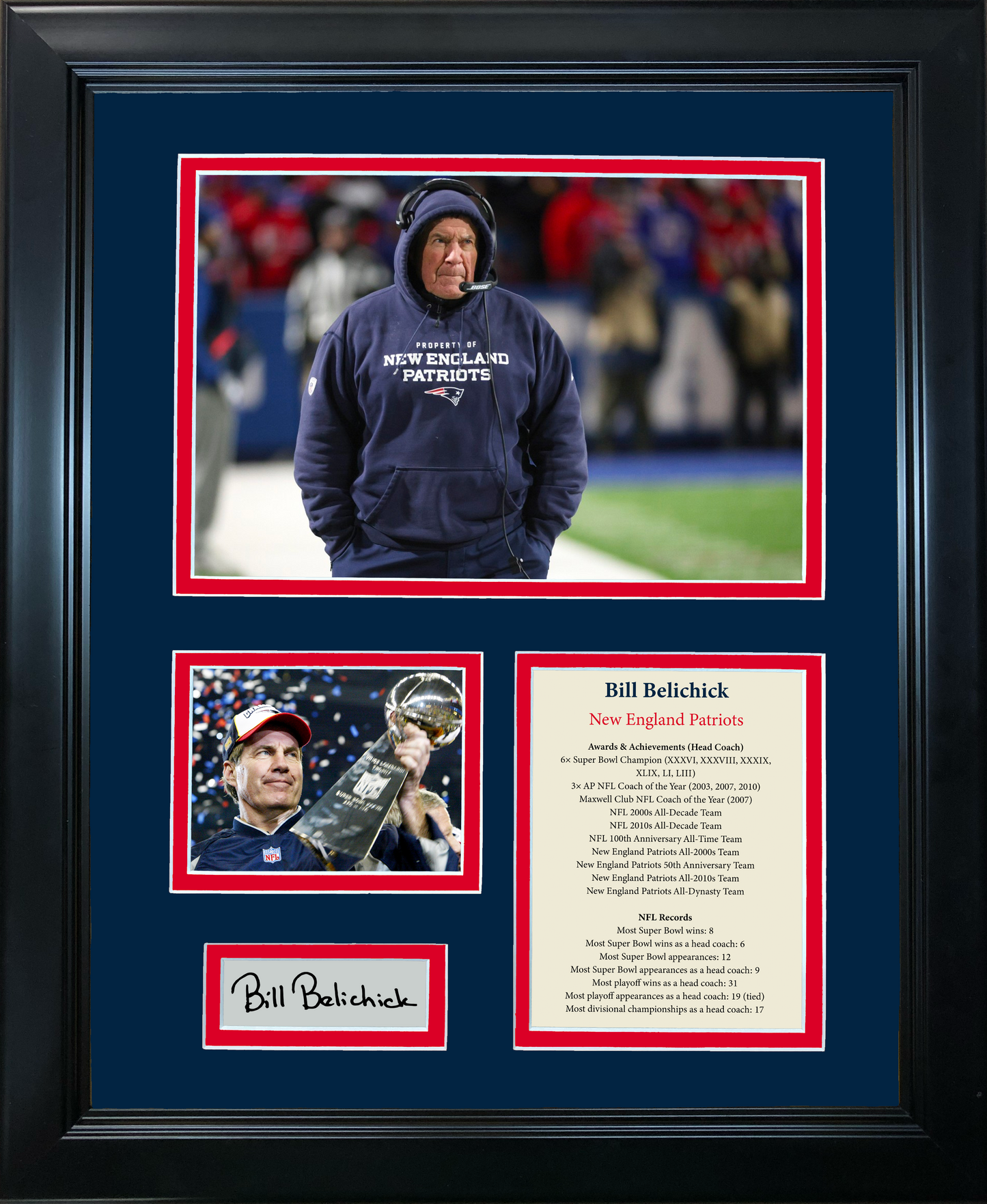 Framed Bill Belichick Facsimile Laser Engraved Signature Auto New England Patriots Football 11"x14" Photo Sig Collage