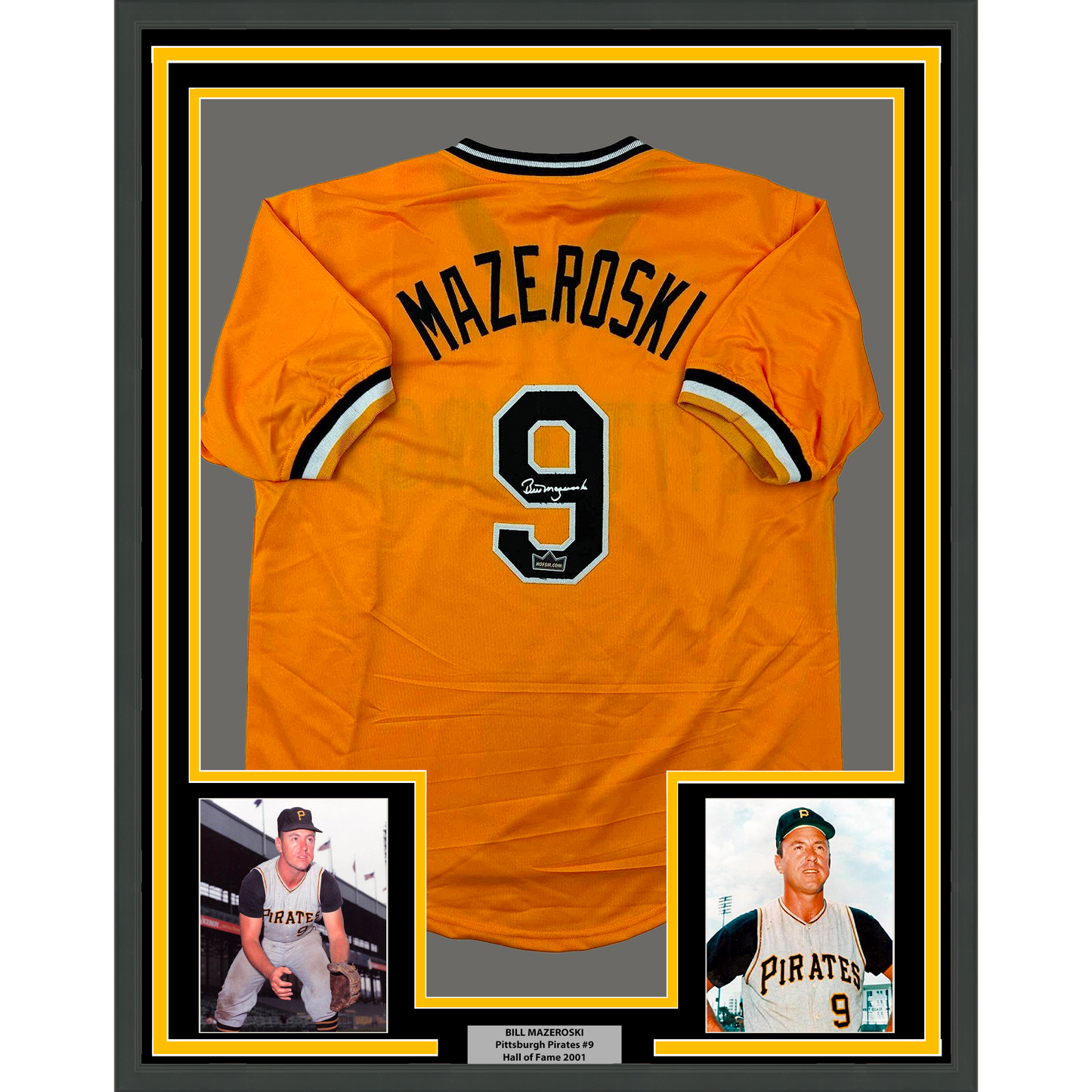 Framed Facsimile Autographed Bill Mazeroski 35x39 Pittsburgh Yellow Reprint Laser Auto Baseball Jersey