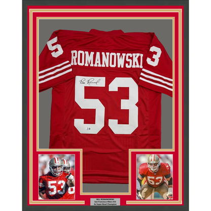 Framed Autographed/Signed Bill Romanowski 35x39 San Francisco Red Football Jersey Beckett BAS COA