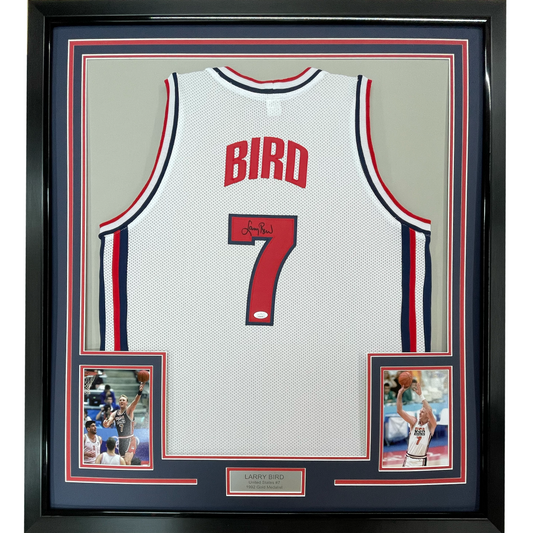 Framed Autographed/Signed Larry Bird 35x39 United States USA White 1992 Dream Team Basketball Jersey JSA COA