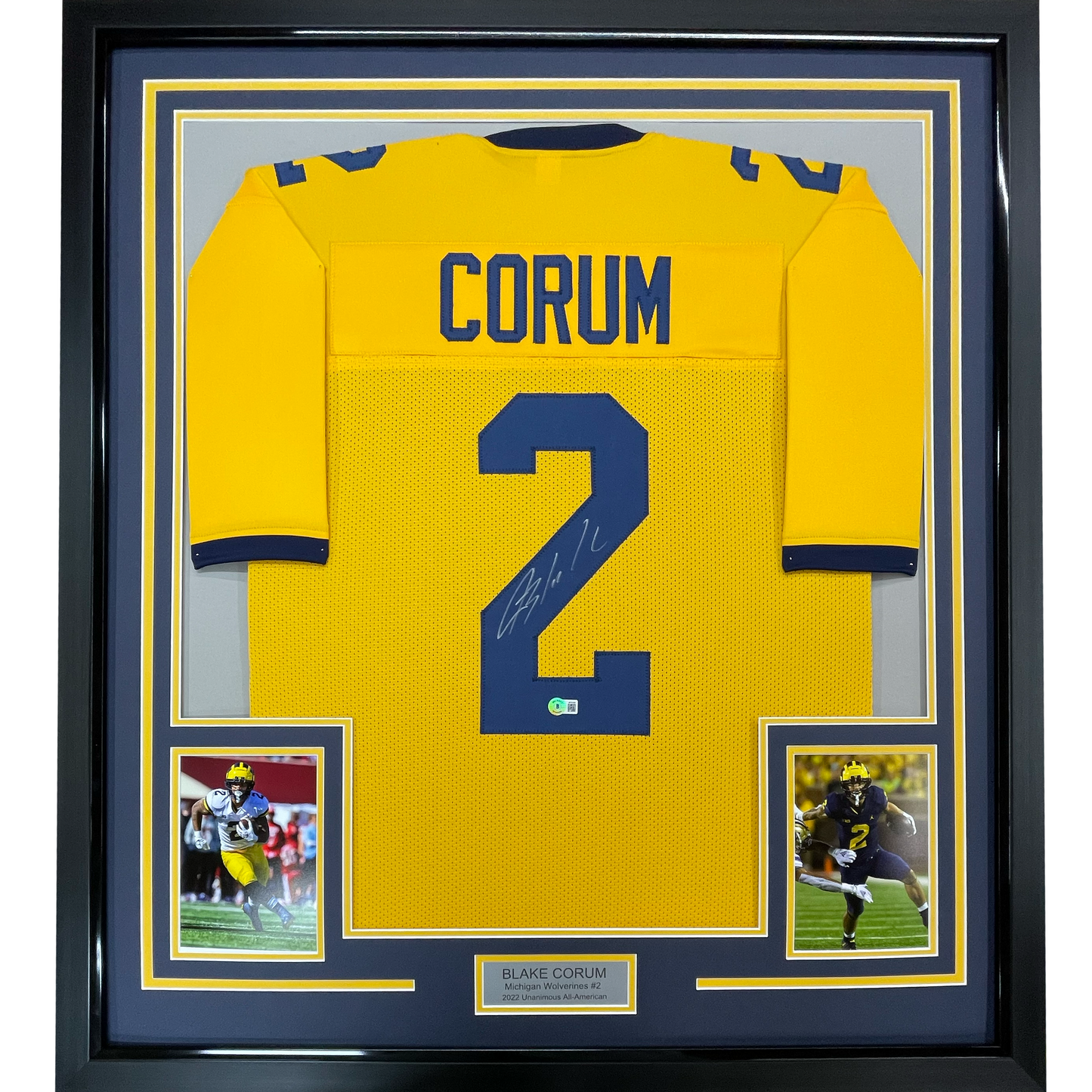 Framed Autographed/Signed Blake Corum 35x39 Michigan Yellow College Football Jersey Beckett BAS COA