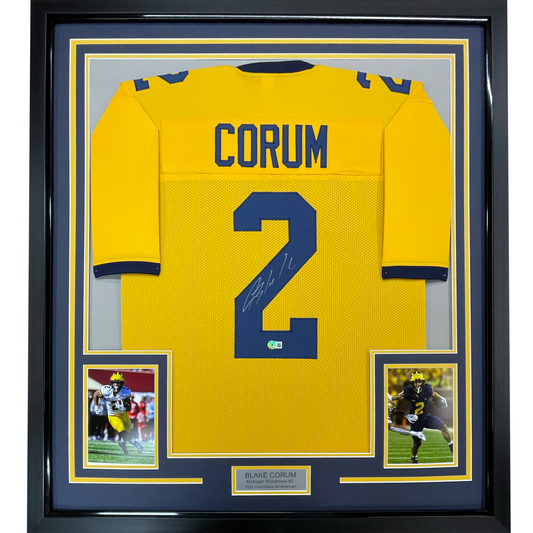 Framed Autographed/Signed Blake Corum 35x39 Michigan Yellow College Football Jersey Beckett BAS COA