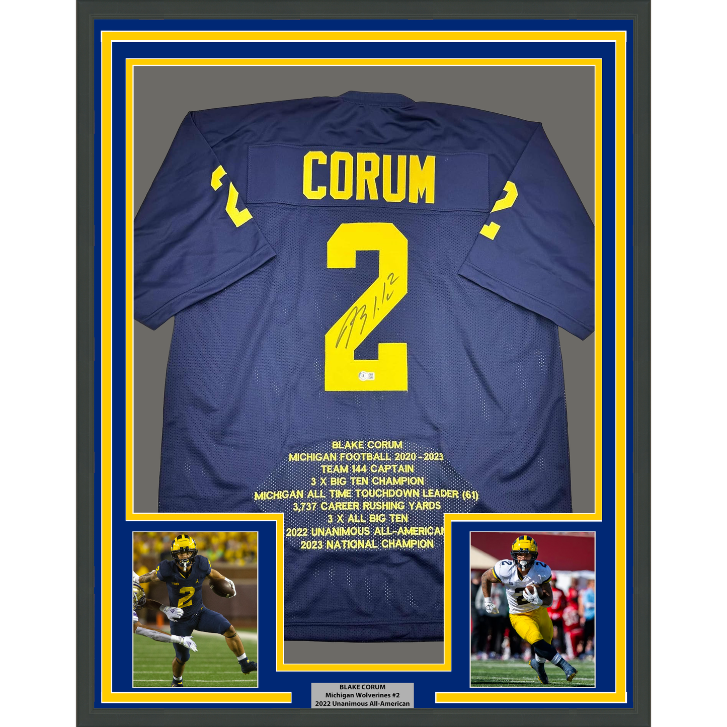 Framed Autographed/Signed Blake Corum Michigan 35x39 Blue Stat College Football Jersey Beckett BAS COA