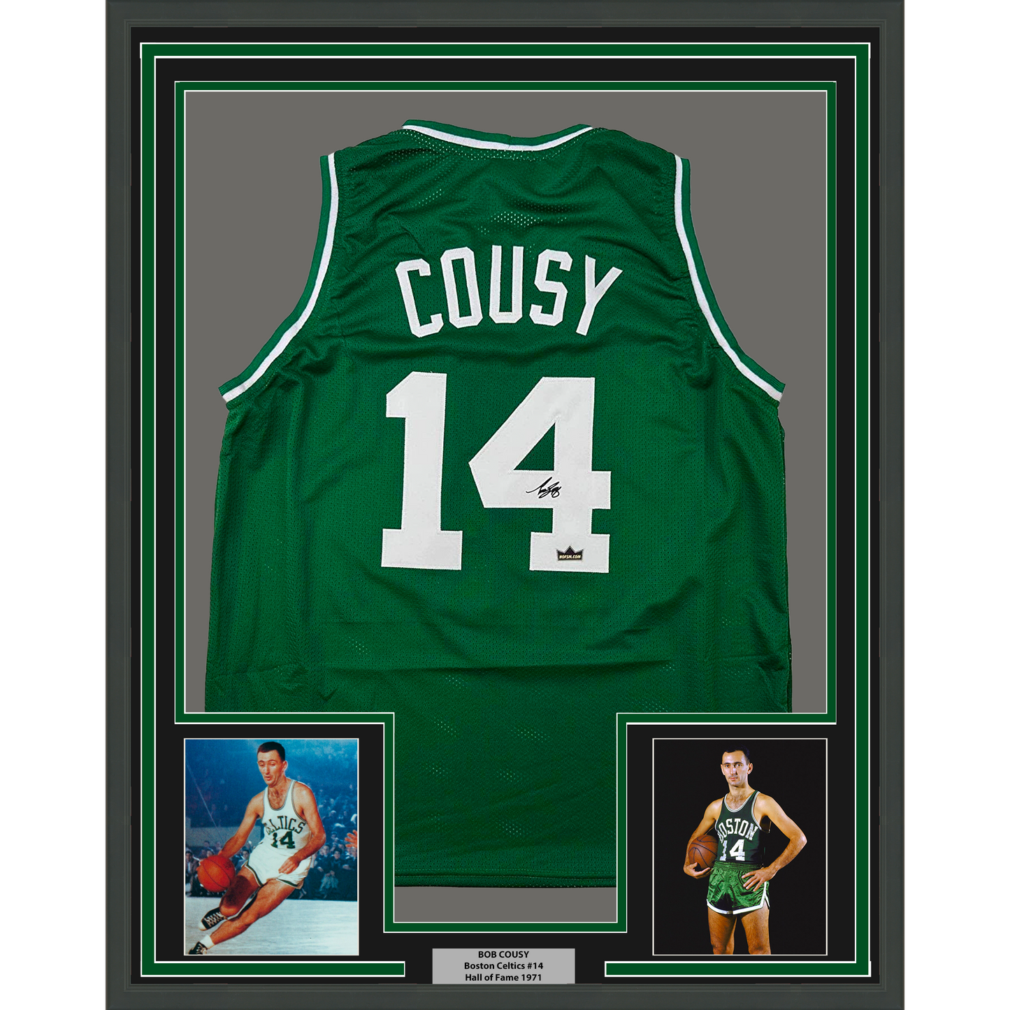 Framed Facsimile Autographed Bob Cousy 35x39 Boston Green Reprint Laser Auto Basketball Jersey