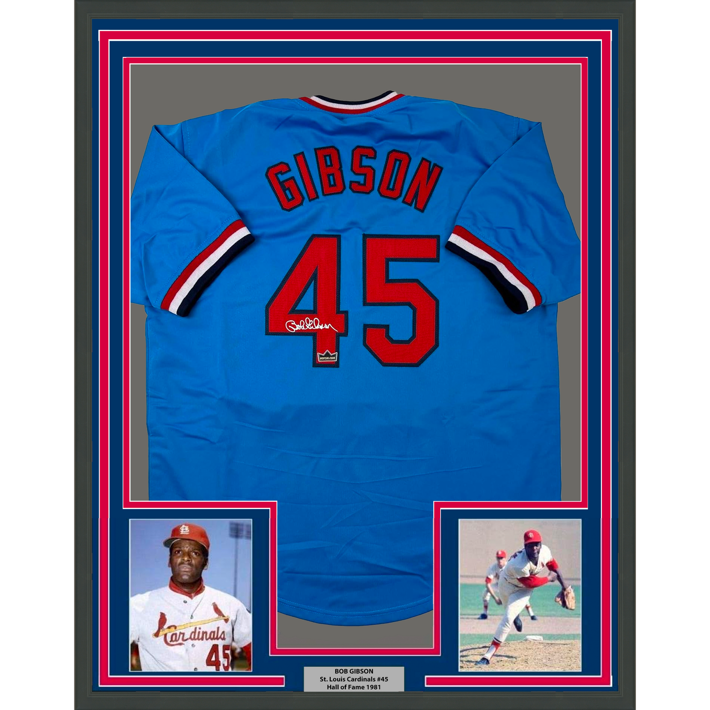Framed Facsimile Autographed Bob Gibson 35x39 St. Louis Blue Reprint Laser Auto Baseball Jersey