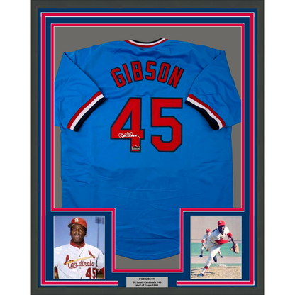 Framed Facsimile Autographed Bob Gibson 35x39 St. Louis Blue Reprint Laser Auto Baseball Jersey