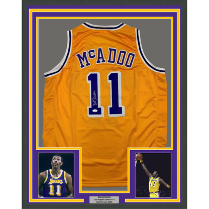 Framed Autographed/Signed Bob McAdoo 35x39 Los Angeles Yellow Basketball Jersey JSA COA