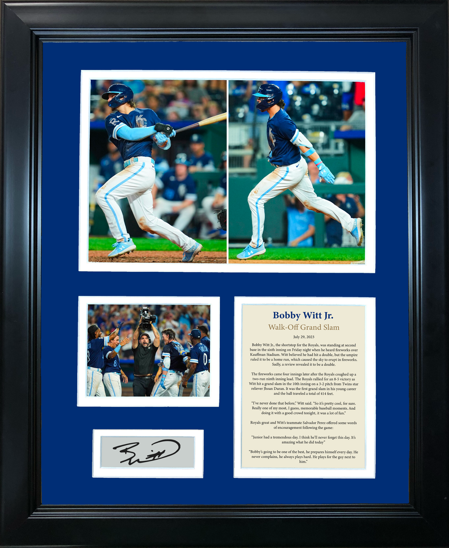 Framed Bobby Witt Jr. Walk-Off Grand Slam 2023 Facsimile Laser Engraved Signature Auto Kansas City Royals 11"x14" Baseball Photo Sig Collage