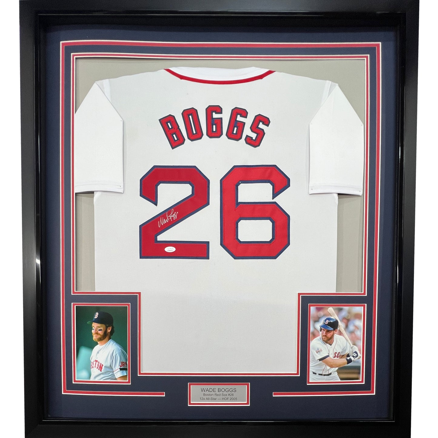 Framed Autographed/Signed Wade Boggs 35x39 Boston White Baseball Jersey JSA COA
