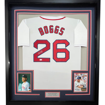 Framed Autographed/Signed Wade Boggs 35x39 Boston White Baseball Jersey JSA COA