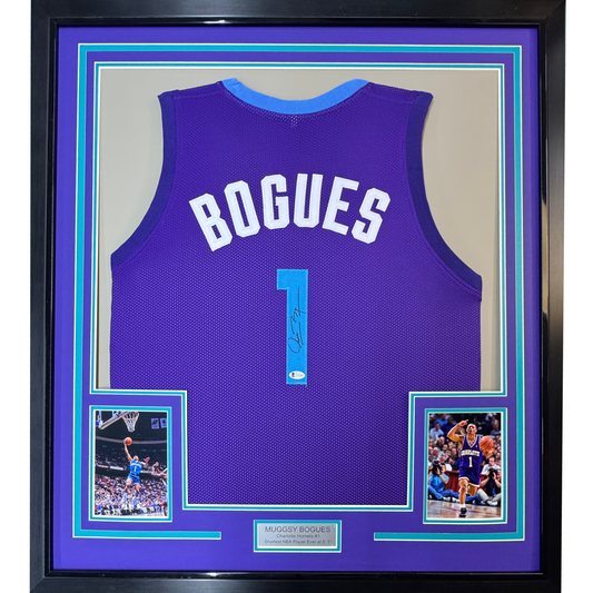 Framed Autographed/Signed Muggsy Bogues 35x39 Charlotte Purple Modern Basketball Jersey Beckett BAS COA