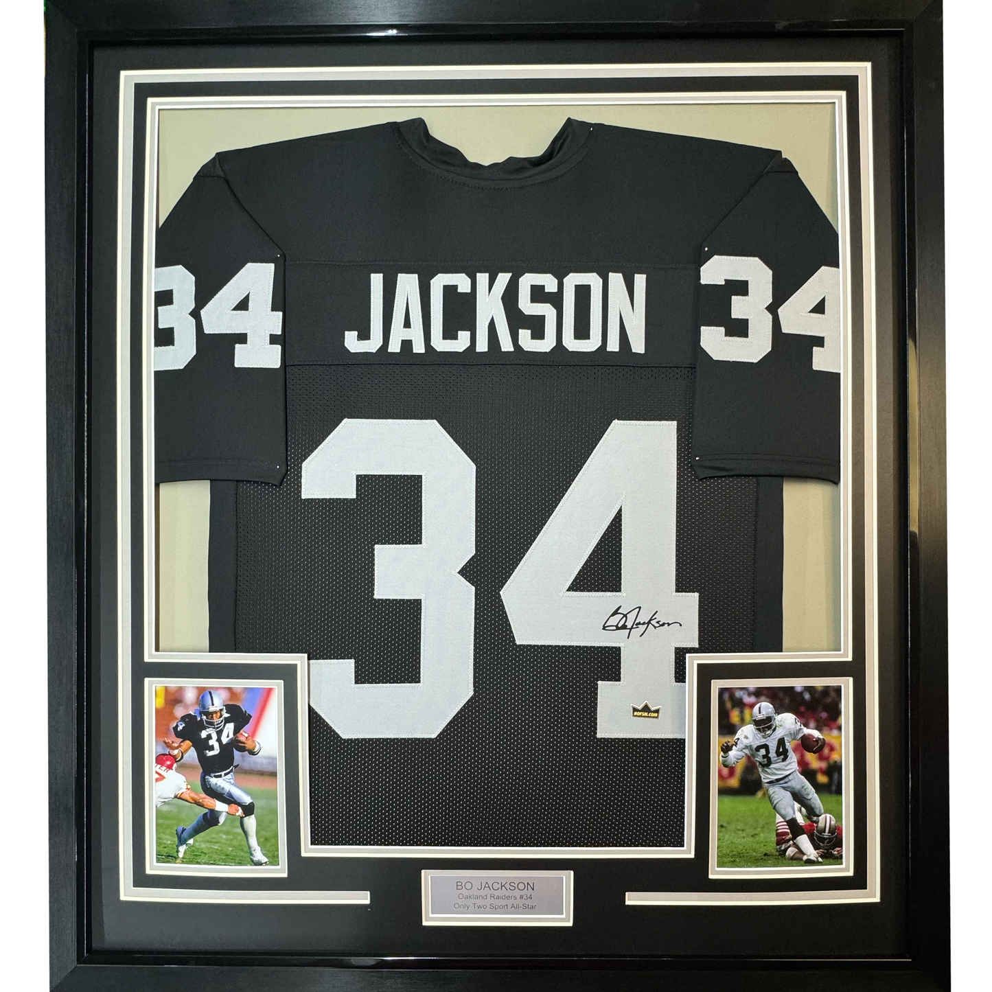 Framed Facsimile Autographed Bo Jackson 35x39 Oakland Las Vegas Black Reprint Laser Auto Football Jersey Size Men's XL