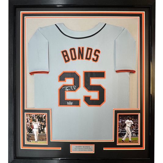 Framed Facsimile Autographed Barry Bonds 35x39 San Francisco Grey Reprint Laser Auto Baseball Jersey