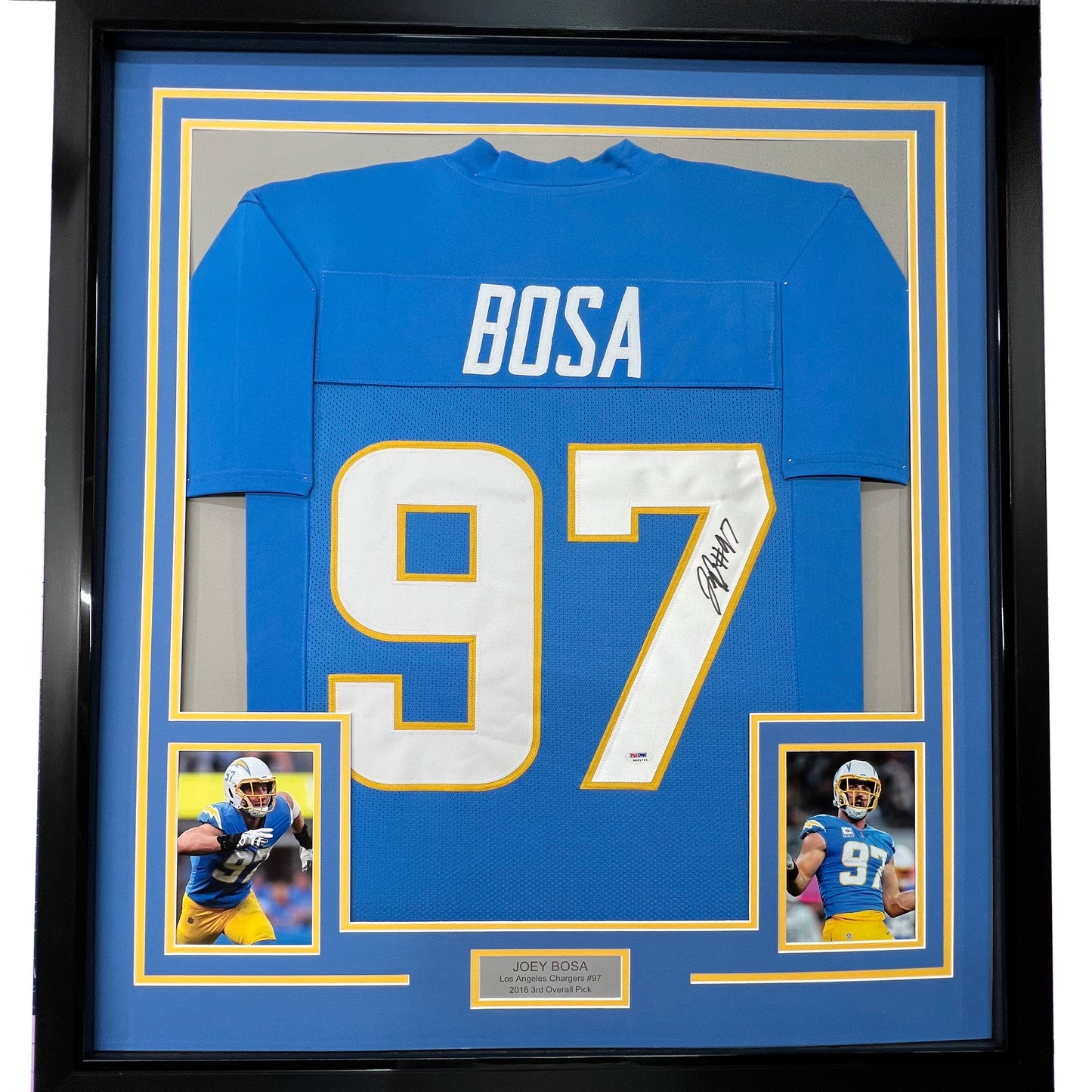 Framed Autographed/Signed Joey Bosa 35x39 #97 Los Angeles LA Powder Blue Football Jersey JSA COA