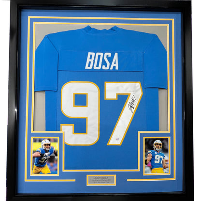 Framed Autographed/Signed Joey Bosa 35x39 #97 Los Angeles LA Powder Blue Football Jersey JSA COA
