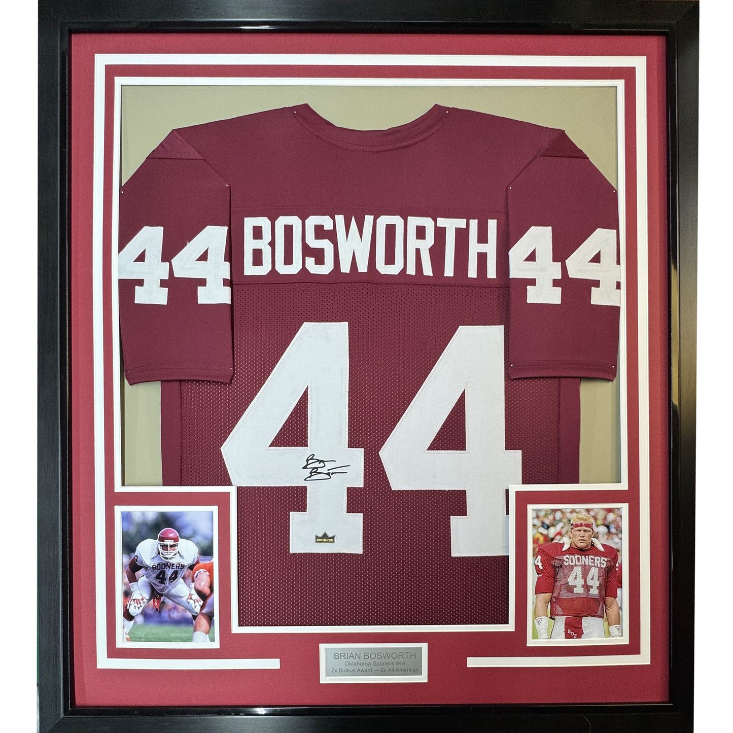 Framed Facsimile Autographed Brian Bosworth 35x39 Oklahoma Red Reprint Laser Auto College Football Jersey