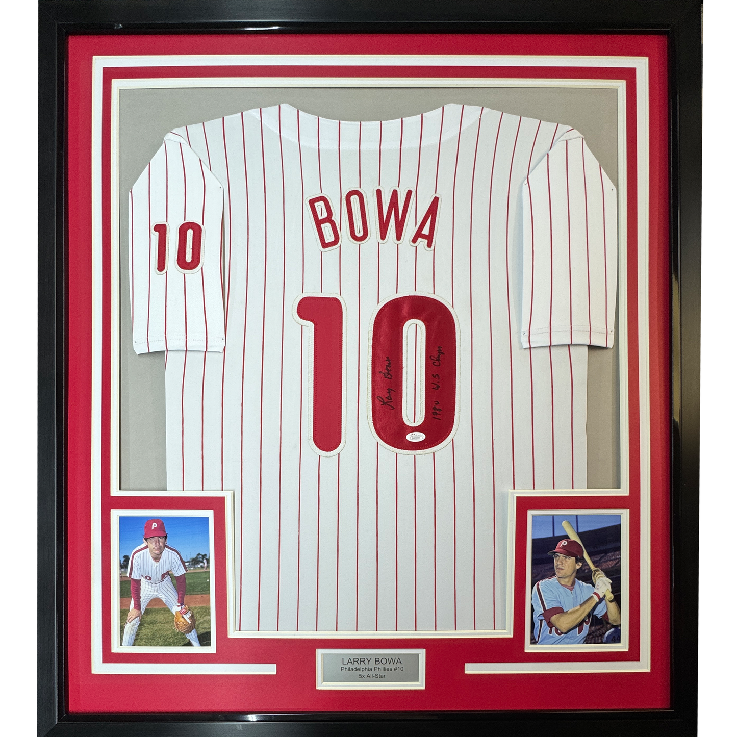 Framed Autographed/Signed Larry Bowa 35x39 980 WS Champs Philadelphia Pinstripe Baseball Jersey JSA COA