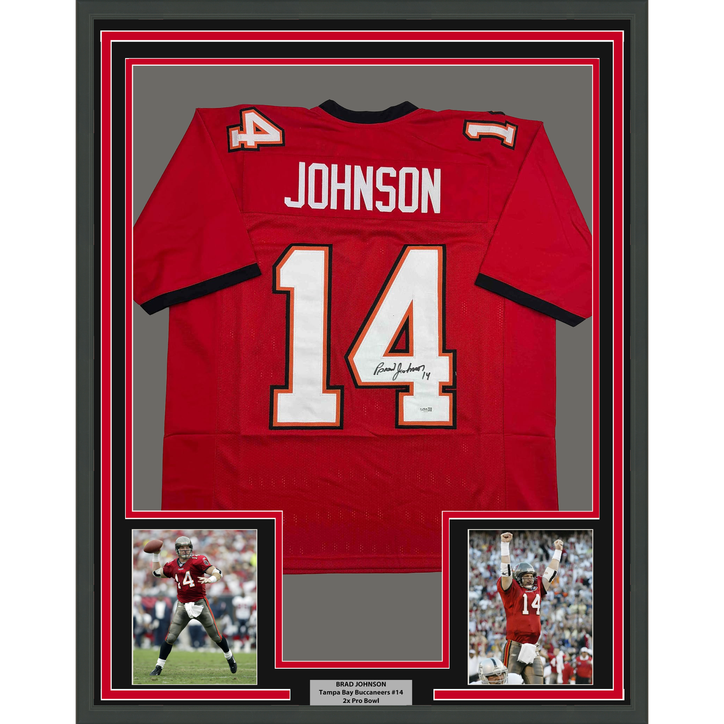 Framed Autographed/Signed Brad Johnson 35x39 Tampa Bay Red Football Jersey Beckett BAS COA