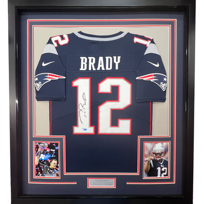 Framed Autographed/Signed Tom Brady 35x39 New England Patriots Blue Authentic Nike Limited Football Jersey Fanatics COA/LOA