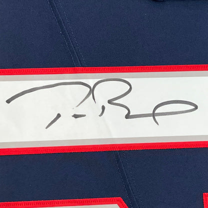 Framed Autographed/Signed Tom Brady 35x39 New England Patriots Blue Authentic Nike Limited Football Jersey Fanatics COA/LOA