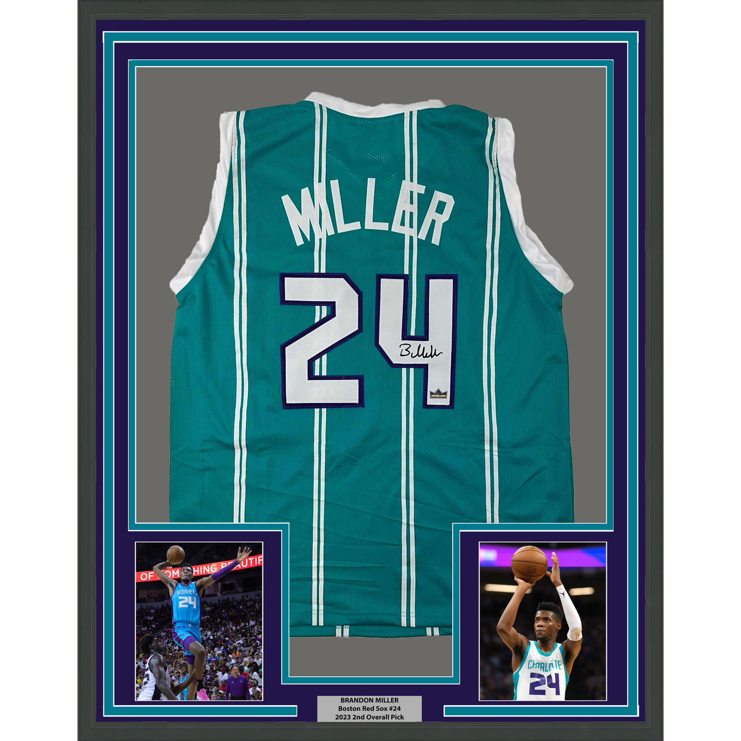 Framed Facsimile Autographed Brandon Miller 35x39 Charlotte Teal Reprint Laser Auto Basketball Jersey