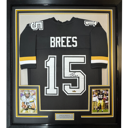 Framed Facsimile Autographed Drew Brees 35x39 Purdue Black Reprint Laser Auto College Football Jersey Size Men's XL